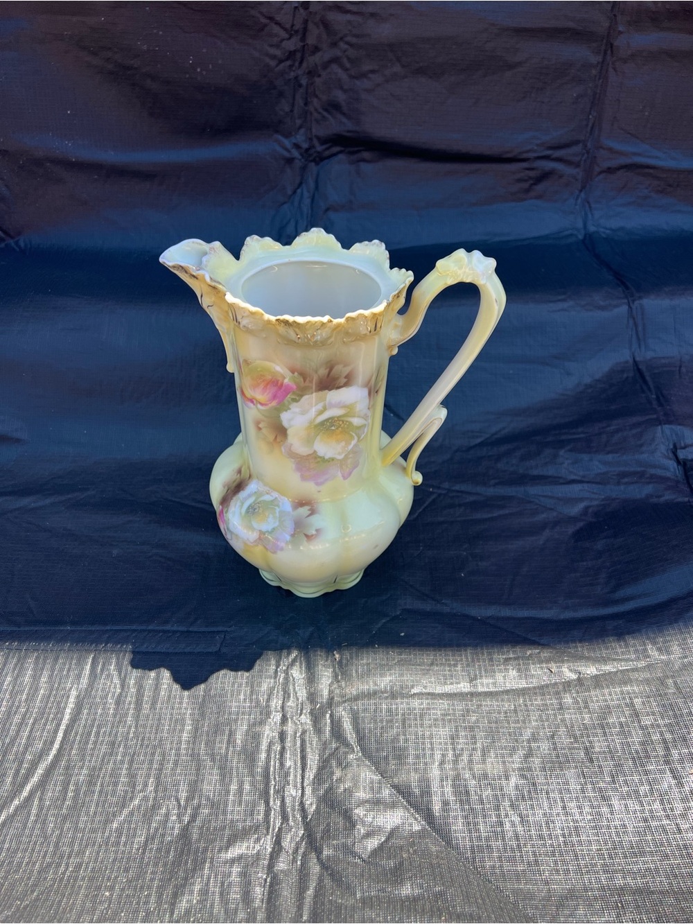Vintage Floral Porcelain Pitcher in Pale Yellow